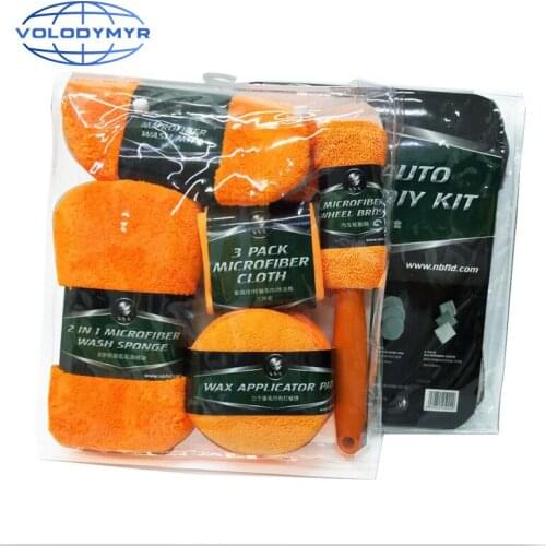 Car Cleaning Kit 9pcs Contains Rim Brush Wash Mitt 3 Pcs Microfiber Towel 3pcs Wax Pad Orange or Black with Detail Plastic Bag