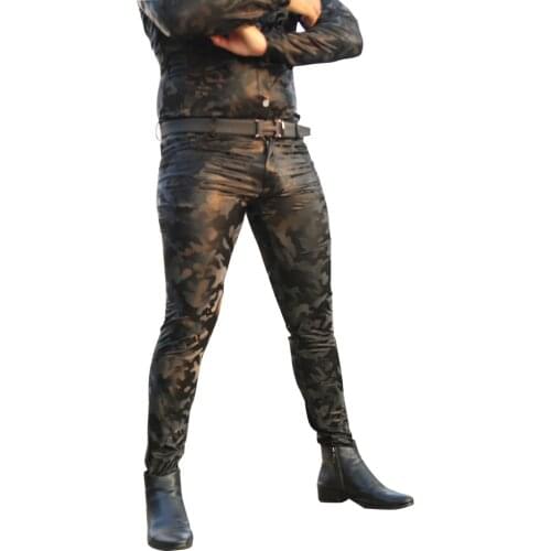 Skinny Camouflage Pattern PU Leather Pants Men Print Camo Speckle Pattern Knitted Arena Casual Trouser Tight Punk Style Legging
