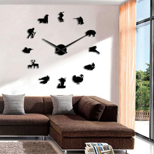 Hunter Hunting Big Gaint Wall Clock Animal DIY 3D Mirror Effect Decorative Clock Wall Watches Modern Design Room Decor