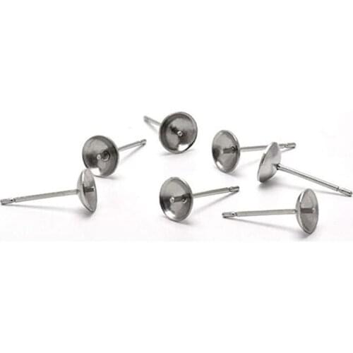 BASEHOME 50pcs Stainless Steel Blank Earring Settings 3/4/5/6/8/10mm Stud Base Tray Fit Half Hole Bead DIY Ear Jewelry Making