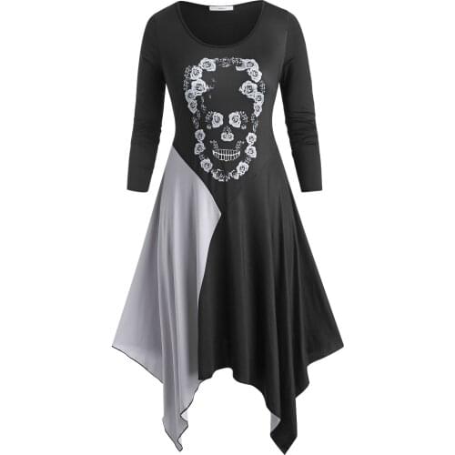 Colorblock Skull Floral Halloween Plus Size Dress