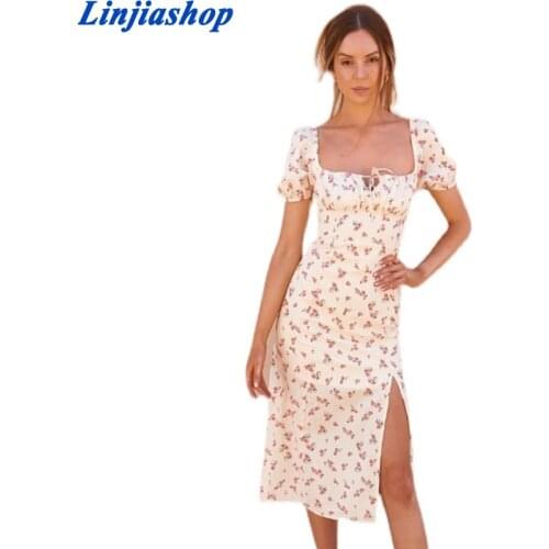 Summer Fashion Elegant Boho Print Slit Long Dress Women French Romantic Party Vacation Beach Casual Floral Dress Ladies