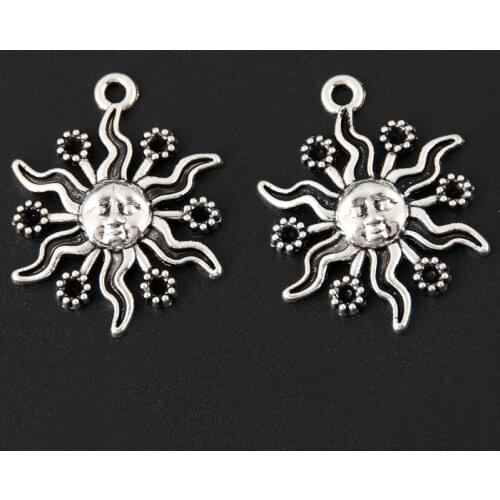 30pcs Silver Color 24x18.5mm Flower Shaped Sun With Face Charms Nature Pendant Fit DIY Jewelry Making Handcrafted Accessories