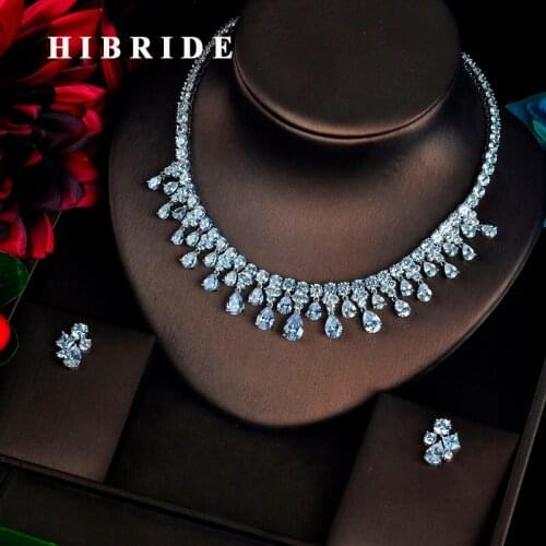 HIBRIDE luxury Sparking Cubic Zircon Water Drop Pendant Jewelry Sets For Women Fashion Design Pendientes Mujer Moda N-619