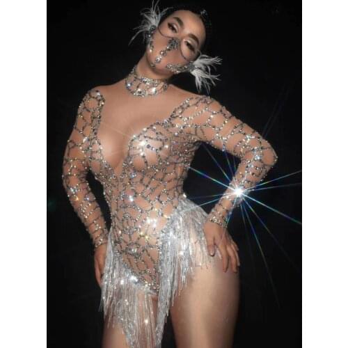 Sexy Rhinestone Feather Jumpsuit Birthday Party Outfit Wome Sexy Show Stage Costume Latin Dance Costume Nightclub Jumpsuits