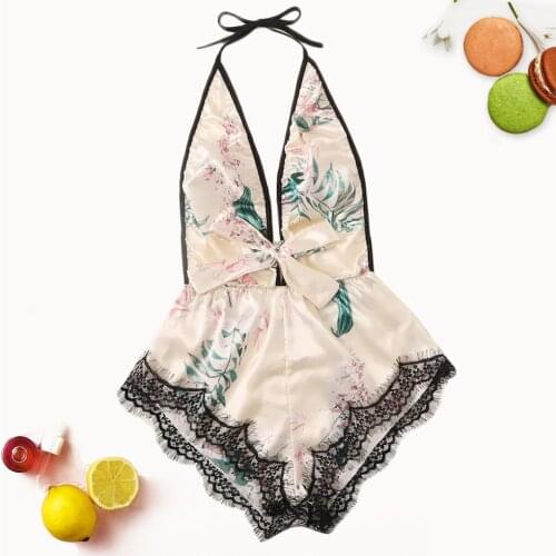 Stylish Bar Silk Lingerie Pyjamas Women V Neck Sleep Wear Ladies Printing Lace Stain Bow Bodysuit Backless Pajamas Silk Jumpsuit