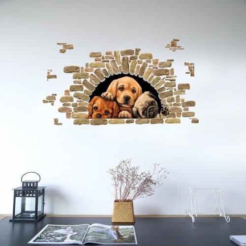 Three Dogs In Brick Hole Wall Stickers Living Room Study Backdrop Wall Decoration DIY Decals Removable Mural