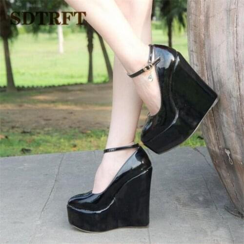 SDTRFT Pumps Patent Leather shoes woman 15cm High Heeled zapatos mujer sexy Buckle wedges Stiletto Small Yards:30,31,32,33-43