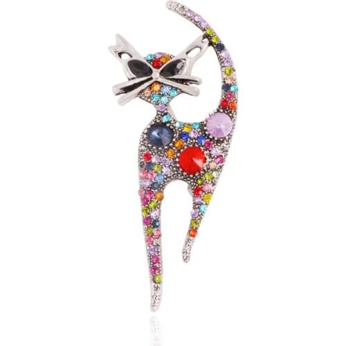 Vintage Rhinstone Cat Brooches For Women Metal Multi-color Cat Animl Casual Party Brooch Pins Gifts