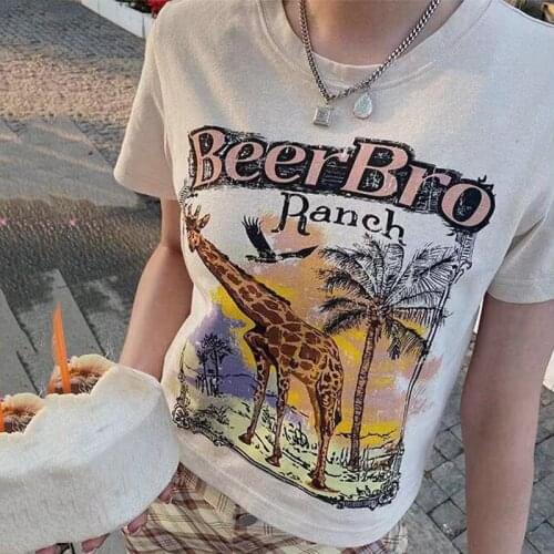 Boho Giraffe Print Letter Graphic Tee Crop Top Women O Neck Short Sleeve Casual T Shirt Summer Tees Fashion Harajuku Shirt 2021