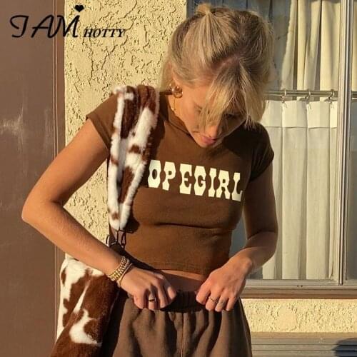 Casual Basic Brown Harajuku Womens T-shirt y2k Aesthetic Letter Printed Cotton Short Sleeve Crop Top Tee Girls Summer Iamhotty
