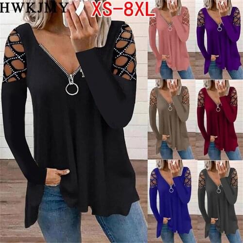 Womens Fashion Casual Clothes Off Shoulder Long Sleeve Tops V-neck Zipper Tees LadiesT-shirt Loose Plus Size Cotton Shirts 8XL