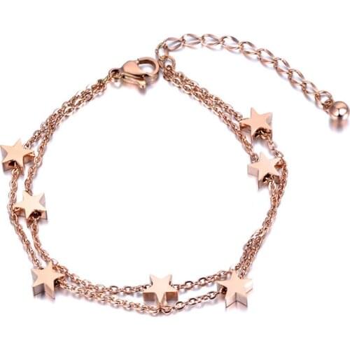 Stars Charm Double Layers Bracelet Bangle For Women Stainless Steel Extended Link Chain Bohemia Summer Jewelry B19017