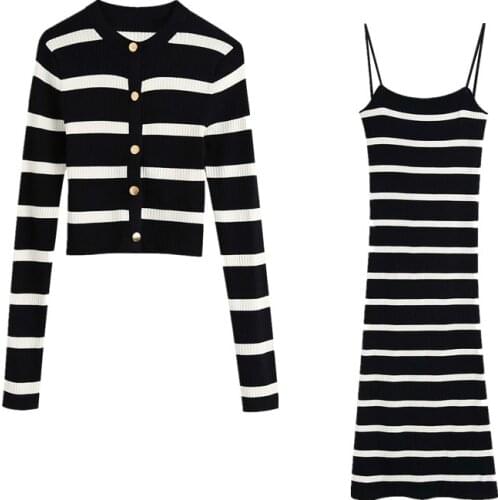 Womens suit new style retro black and white striped printed suspenders slim mid-length dress knit jacket two-piece