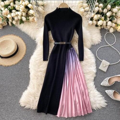 High Quality Gradient Color Knitted Dress Women 2021 Autumn Winter New With belt Pleated Sweater Dress Elegant Vestidos