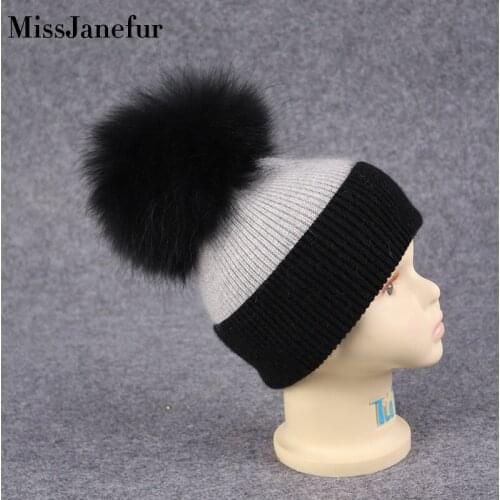 2Pcs Mom Baby Fur Pompom Hats Warm Winter Crochet Knit Wool Solid Color Beanie Caps For Women Boys Girls Matching Hats