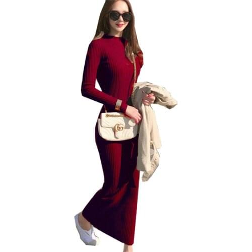 2018 Autumn Women Long Knitted Dresses Elastic Skinny Dress Sexy Bodycon Sweater Dress Winter Long Sleeve Dress vestidos WZ435