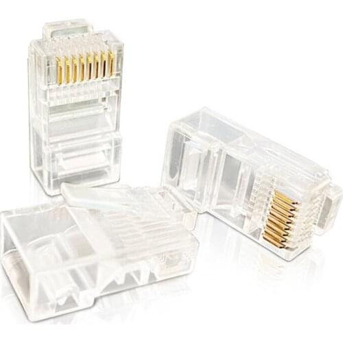 50Pcs RJ45 Connector 6U Gold PlatedPass Through Ethernet Cables Module Plug Network RJ-45 Crystal Heads Cat5 Cat5E