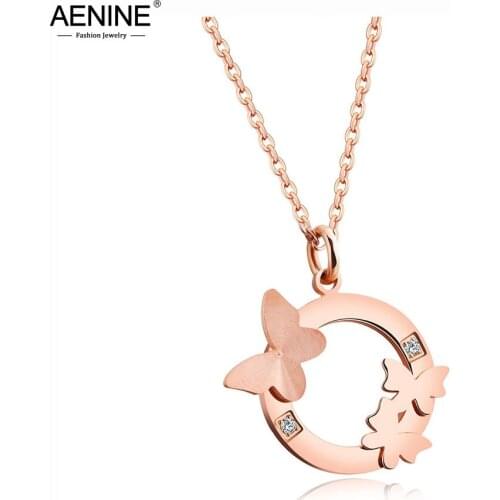 AENINE Rose Gold Color Butterfly Circle Rhinestone Pendant Necklaces Stainless Steel Female Chain Neckalce Birthday Gift AN19212