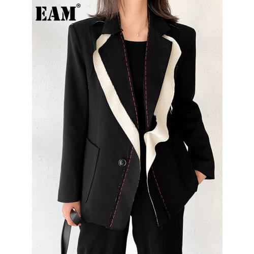 [EAM] Women Black Contrast Color Burr Blazer New Lapel Long Sleeve Loose Fit Jacket Fashion Tide Spring Autumn 2021 1W519
