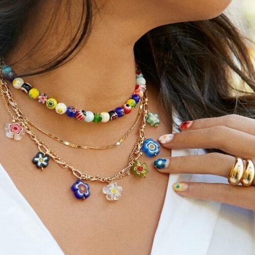 Go2Boho INS Fashion Flower Necklace For Women Jewelry Bohemian Color Collier Gold Plated Chain Jewellery Colorful Bead Necklaces