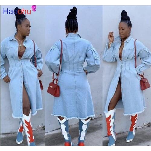 HAOOHU Autumn Women Sexy Denim Trench Vintage Casual Jean Jacket Long Sleeve Winter Coat Streetwear Plus Size