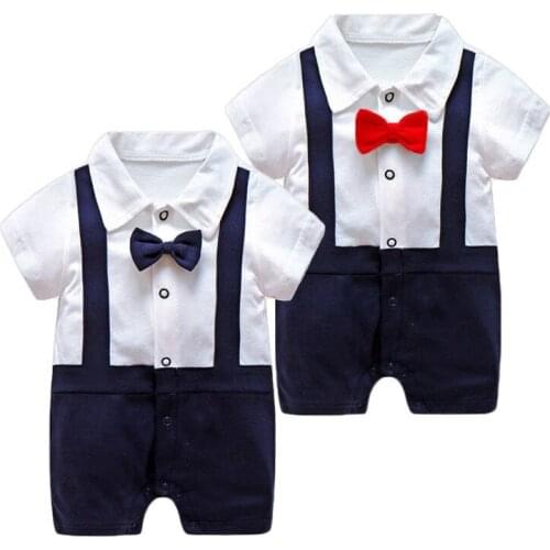 New Born Baby Boys Gentleman Rompers Summer Thin Short Sleeved Clothes Toddler Baby Bow Tie Jumpsuit Baby Body Climbing Pajamas