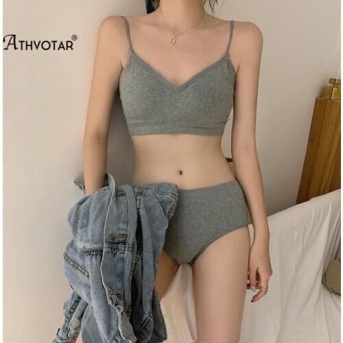 ATHVOTAR Women 2Pcs Bra Set Sexy Underwear Set Comfortable Seamless Simple Bralette Lingerie Suit Panties 2021