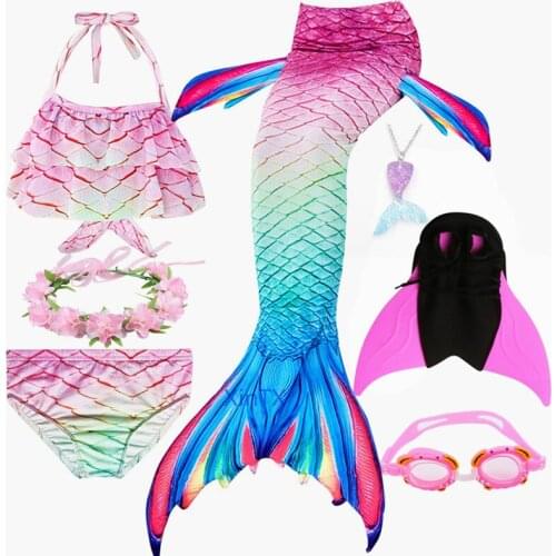 HOT Kids Girls Carnival Mermaid Tails with Fin Swimsuit Bikini Bathingit Dress Can Add Monofin With Garland and Crown