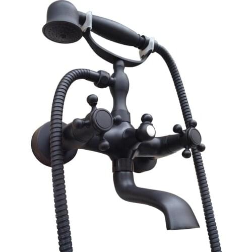 Black Oil Rubbed Brass Double Cross Handles Wall Mounted Claw Foot Bathroom Tub Faucet Mixer Tap With Handshower mtf606