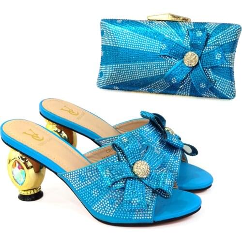 SkyBlue Color New Arrivals Nigeiran Women Shoes and Bag to Match Decorate with Rhinestone Comfortable Heels Thin Heels for Party
