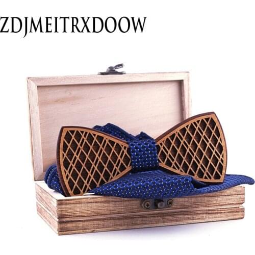 New design Double layer Wooden Bow Tie Mens Wood Bowtie Cufflinks Set Brand Business Cuff Links for Wedding Navy blue Tie