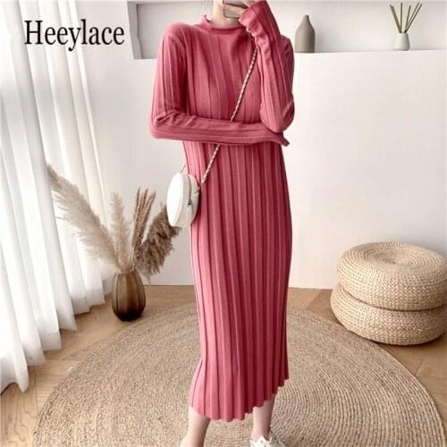 Autumn Winter Half Turtleneck Knitting Womens Sweater Dress 2021 New High Waist Long Sleeve Straight Midi Dress Female