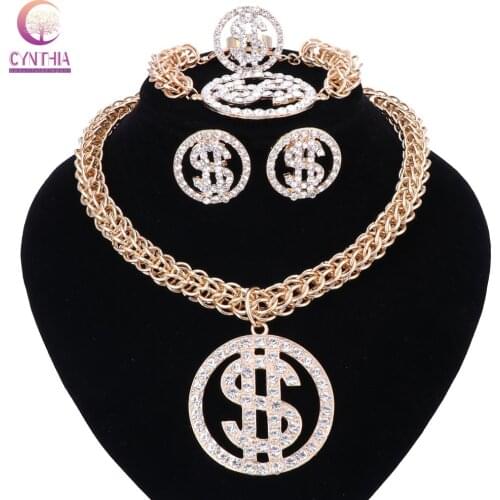 US Dollar Money Necklace&Pendant Gold Silver Color Chain For Women/Men Rhinestone Hip Hop Bling Bracelet Earring Ring Jewelry