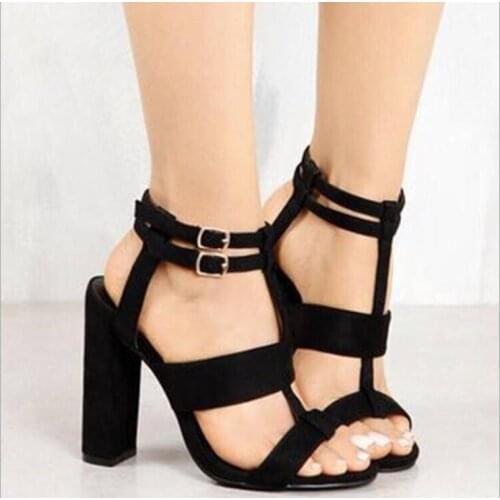 Women Sexy High Heels Design Cross Strap Bandage Summer Sandals Shoes Lady Party Sexy Square Heels Ankle Strap Flock Sandal
