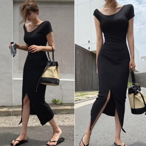 Korean Chic Fashion Summer Slim Wrap Hip Black O Neck Short Sleeve Split Dress Women Cotton All-match Clothing Vestidos Mujer