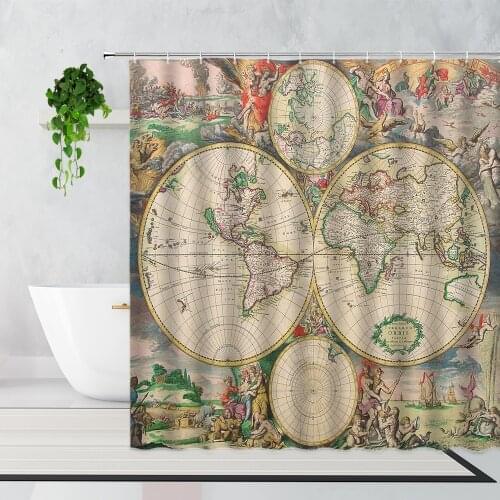 Ancient World Map Retro Wall Decor Poster Shower Curtains Home Decoration Background Bathroom Curtain Bathtub Screen With Hooks