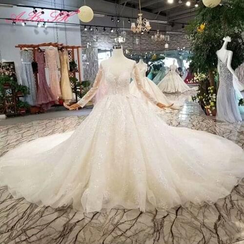AnXin SH Luxury princess white flower lace beading crystal illusion o neck sparkly long sleeve wedding dress 100% real photo