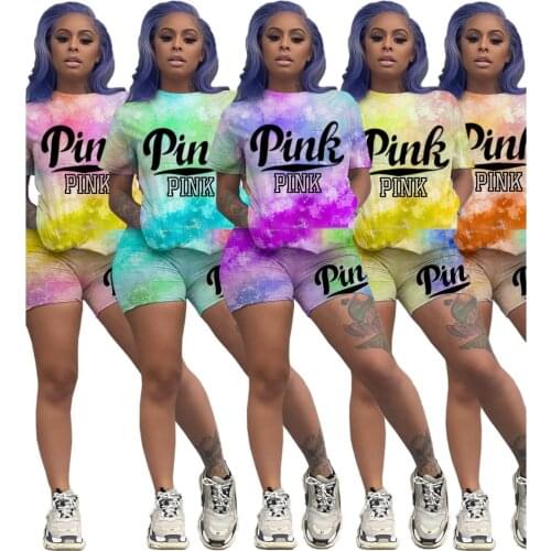 S-2XL 2 peice sets women summer clothing fashion tie dye printing round neck short sleeve two piece outfi women Dropshipping