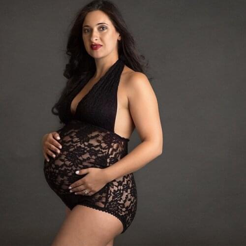 Sexy Summer Lace Maternity Bodysuits V-neck Halter Lace Maternity Photography Bodysuits Pregnancy Photo Shoot Jumpsuits Stretchy