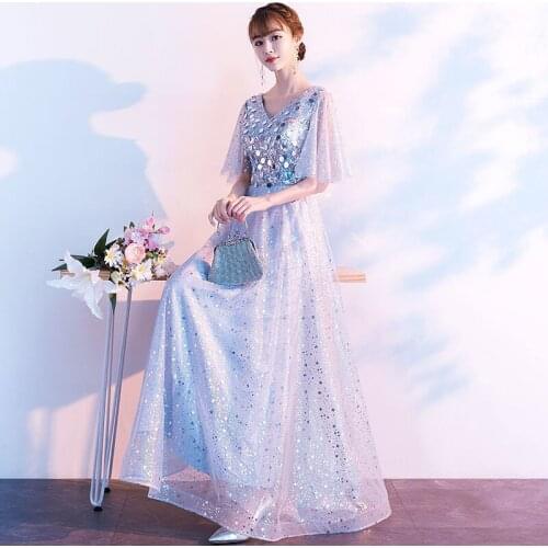 Silver Evening Dresses Long 2021 Elegant V-neck Women Birthday Sequin Tulle Gowns Prom Modest Evening Gown Plus Size Party Night