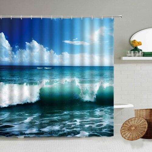 Blue Ocean Waves Shower Curtain Clouds Sky Natural Landscape Bathroom Wall Decoration With Hook Waterproof Polyester Screen Set