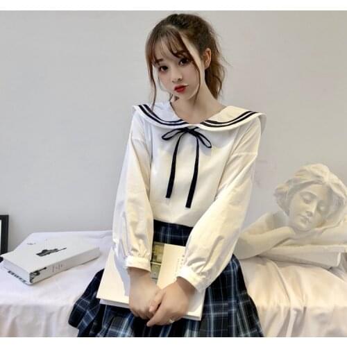 Spring Autumn Lolita Women Preppy Style Sweet Bow Lace-up Sailor Collar Long Sleeve Cute Fashion Shirt Top