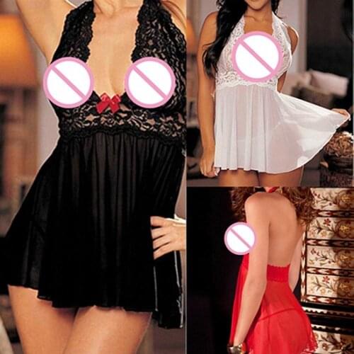 Women Sexy Halter Nightwear Underwear Sleepwear Lace Dress with G-string