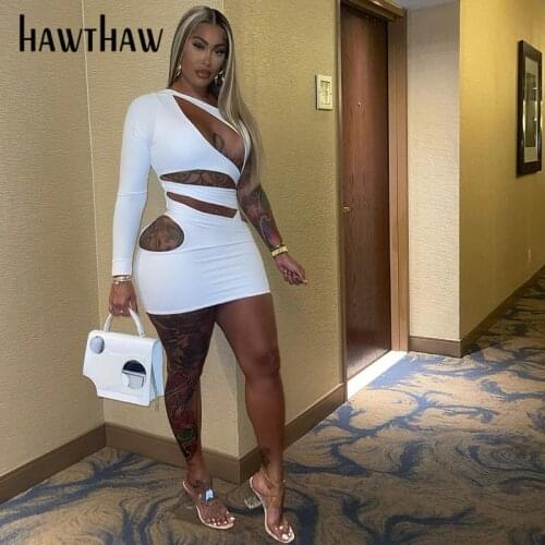 Hawthaw Women Sexy Autumn One Shoulder Hollow Out Party Soild Color Package Hip Mini Dress 2021 Fall Female Clothing Streetwear