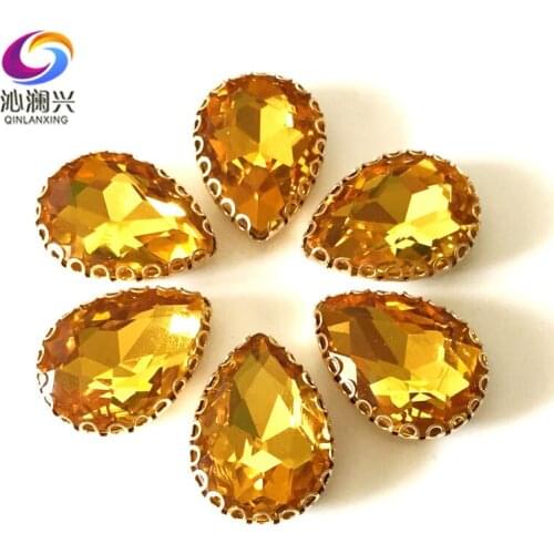 Golden yellow Drop shape top glass crystal lace claw rhinestones,golden base sew on stone for Diy/Clothing accessories HGS19