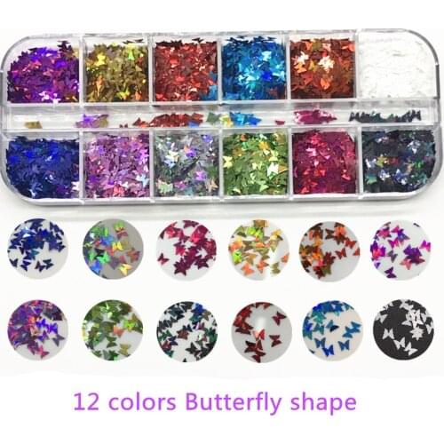 12 Grid/Set Holographic Nail Sequins Sparkly 3D Laser Butterfly Star Triangle Flakes Polish Decoration for Nail Art Accessories