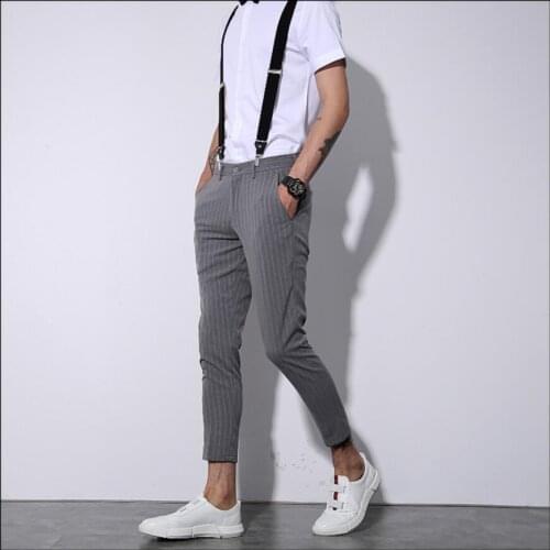 28-38 Hot ! Mens Slim Nine Bib Pants Tide Leisure Korean Youth Stripe Straight Feet Pants Hairstylist Nightclub Singer Trousers