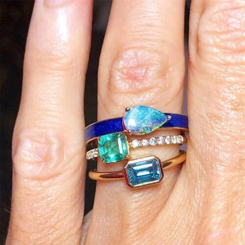 3 Pcs/Set Bohemian Women Rings Square Color Crystal Geometry Joint Gold Ring Set Female Vintage Wedding Party Jewelry