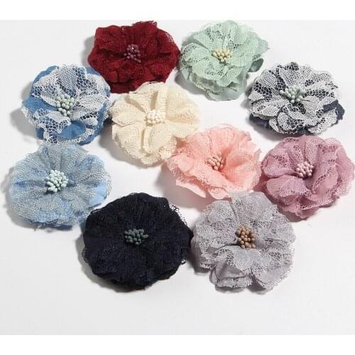 60PCS 5.5CM 2.1" New Fabric Artificial Lace Flower For Hair Accessories Headband Wedding Party Craft Home Decoration Bouquet